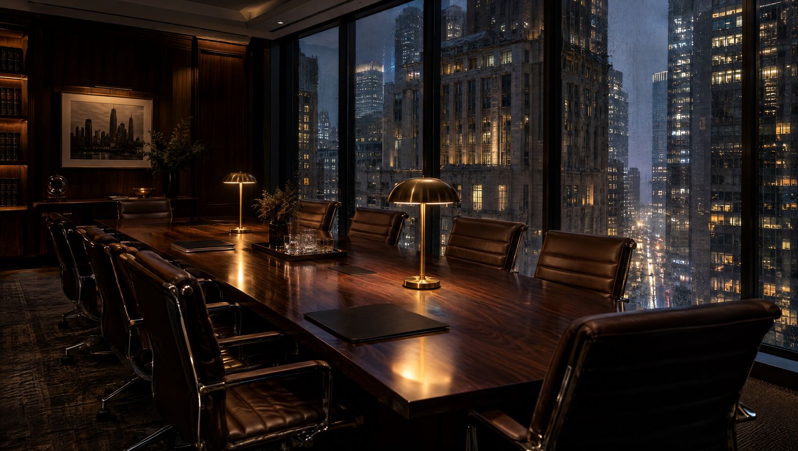 A law firm boardroom at night overlooking downtown towers